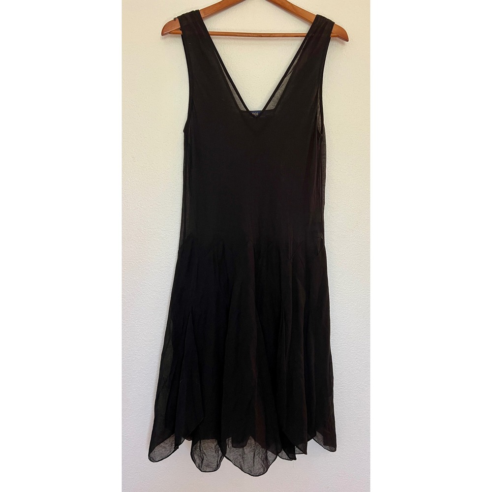 Polo Ralph Lauren Black V-Neck Drop Waist Handkerchief Hem Midi Dress Size M‎
